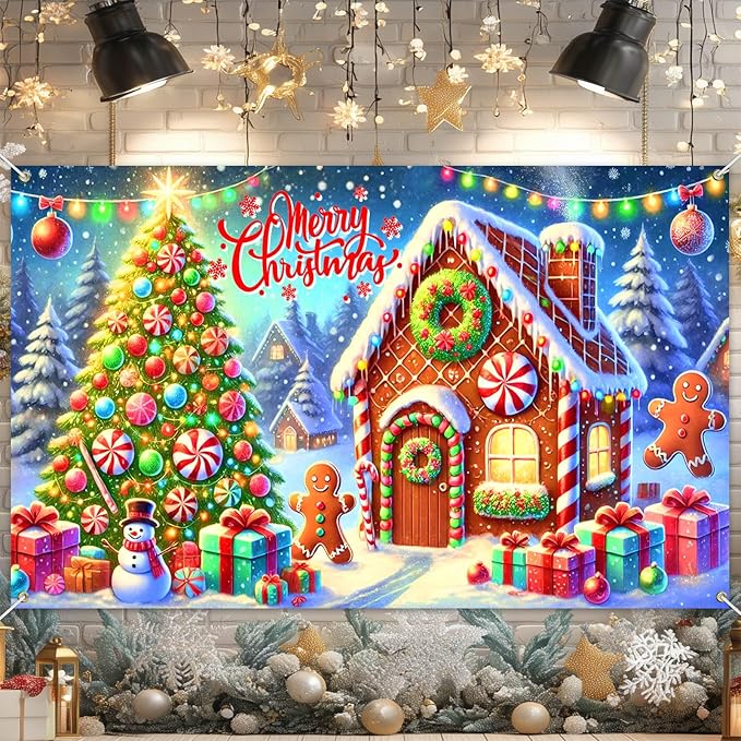 Gingerbread Christmas Backdrop 71x43 Inches Snowman Tree Scene Banner Holiday Photography Background Indoor Outdoor Merry Christmas Decoration for Wall Party Display