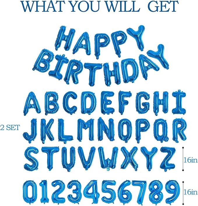 75pcs 16" Happy Birthday Balloon Banner, Blue Balloons Letters, Personalized Mylar Foil Birthday Decorations includes 2 Sets A- Z, 1 set Number 0-9 "HAPPY BIRTHDAY" letters