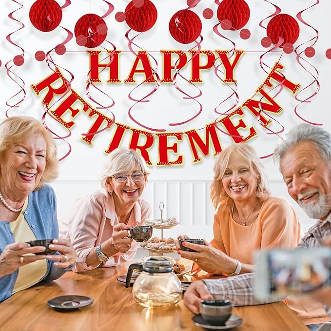 Retirement Party Decorations Kit for Women - 16-Piece Elegant Red Set with Pre-Strung Banner, Honeycomb Balls, Swirls & Garland | Instant Setup Party Decor | Retirement Gifts & Supplies