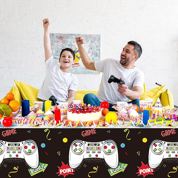 Tatuo 3 PCS Video Game Table Cover, Game Theme Birthday Decoration Plastic Table Cloth Party Supplies for Boys Girls Kids Player Geek Party Decorations, 54 x 108 Inch (Cool Black)