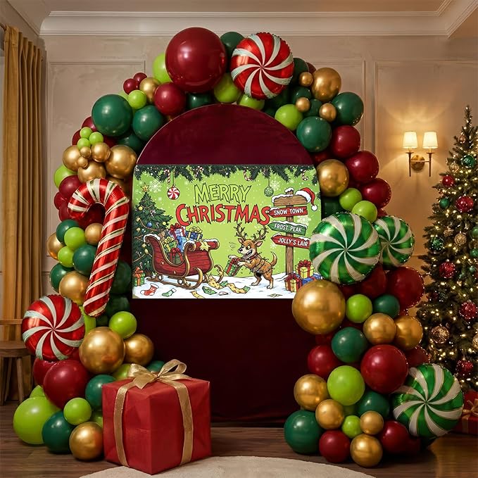 Christmas cartoon style party decorations include green red and gold balloon arch kit & candy canes lollipops gift boxes foil balloons & backdrop for Christmas New Year's Eve party decorations.