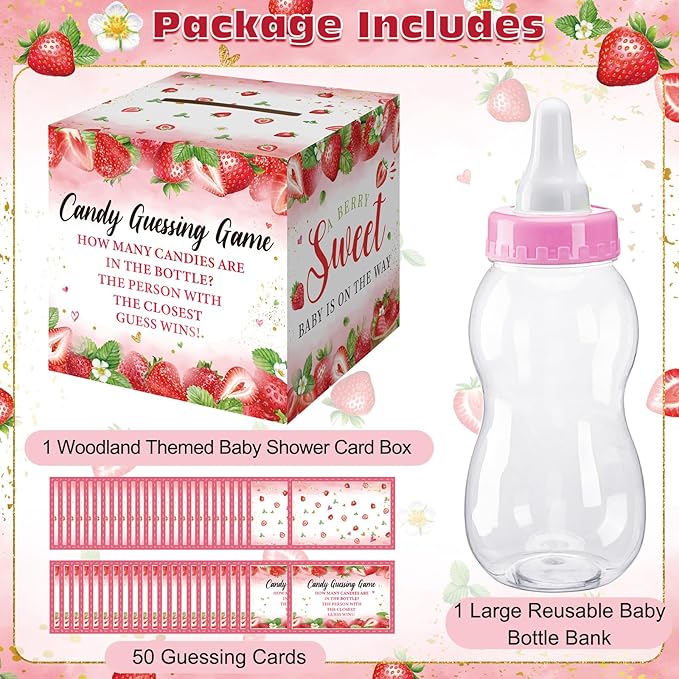 Glenmal 52 Pcs Baby Shower Games Gift Sets Large Baby Bottle for Shower Game Guess How Many Candies Decorations for Gender Reveal(Strawberry)