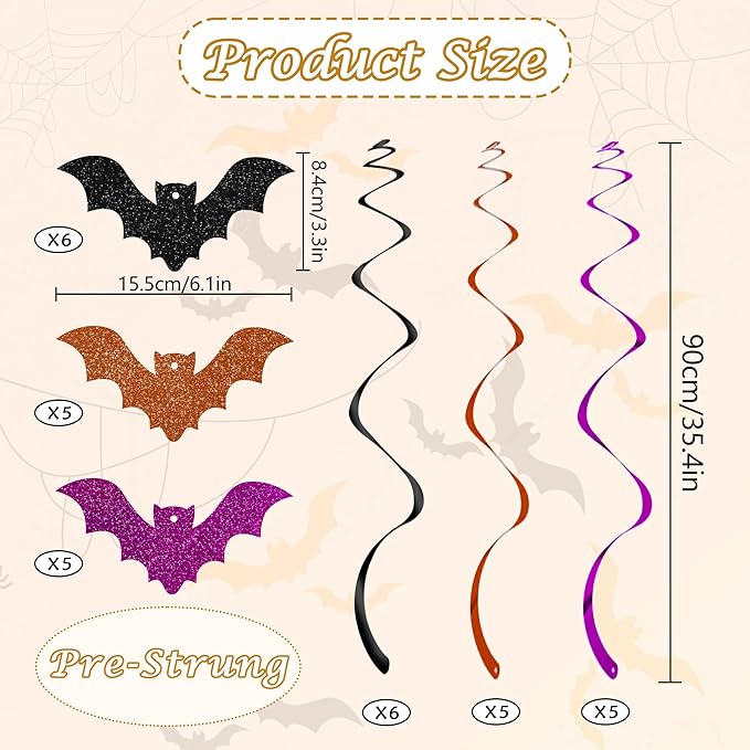 BEISHIDA Halloween Hanging Swirls Decorations, 16PCS Hanging Bats with 3 Color Swirls, Theme Party Decor for Indoor Halloween & Birthday Parties