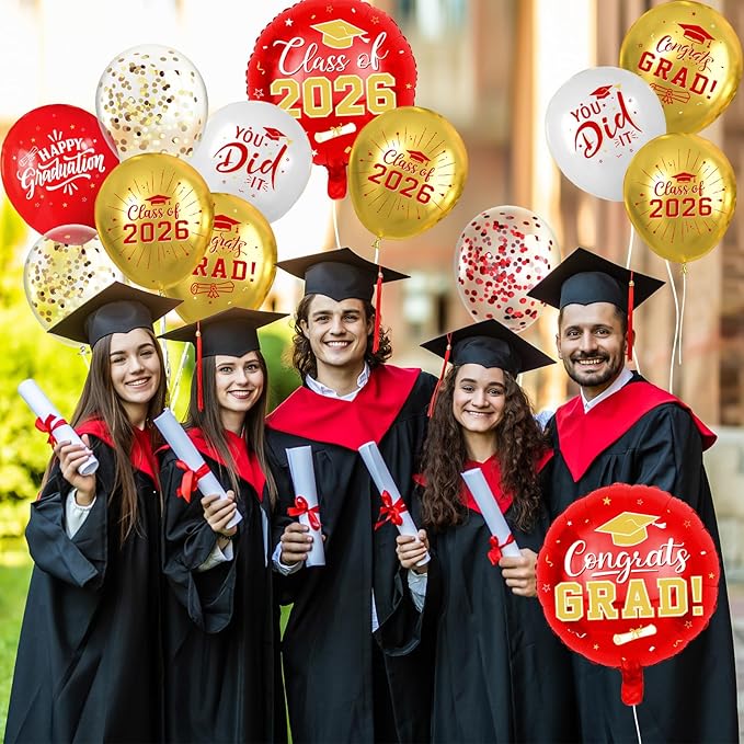Red and Gold Graduation Balloons Graduation Decorations 2026, 51Pcs Grad Latex Balloons and Grad Foil Balloon with Confetti Ribbons Grad Party Decorations for College High School