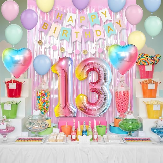 13th Birthday Decorations Rainbow,Gradient Number 13 Balloon,Pastel Happy Birthday Banner Fringe Curtain Heart Foil Balloons Boys Girls 13 Year Old Decor