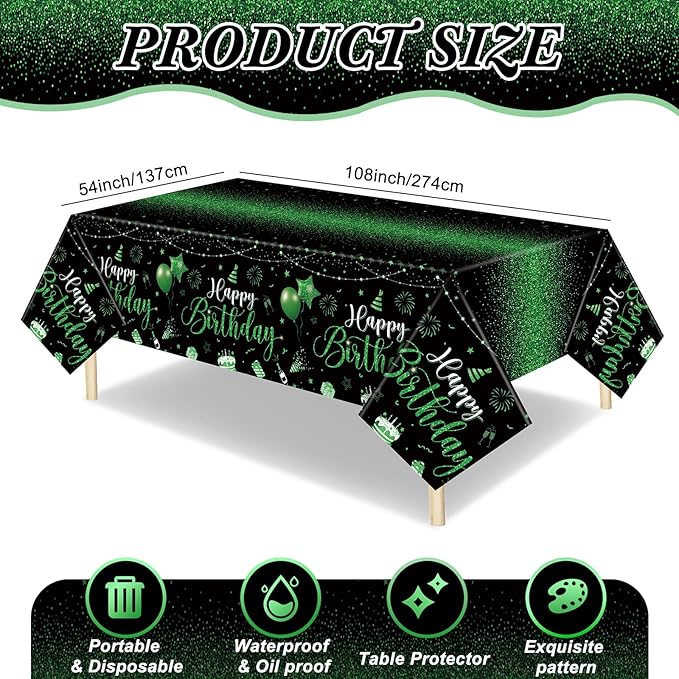 Tudomro 1 Pcs Happy Birthday Tablecloths Happy Birthday Party Decorations Plastic Table Cover Rectangular Cloths for Women Men Baby Shower Party Supplies, 108 x 54 Inch (Black Green)