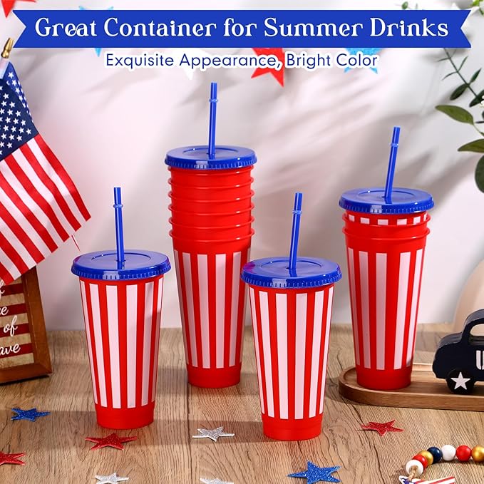 Baderke 24 Pcs 4th of July Plastic Cups Red 24 oz White and Blue Plastic Cups with Lids and Sleeves Stars Stripes Design Drinking Tumbler for Patriotic Memorial Day Reusable Fourth Decor for Party