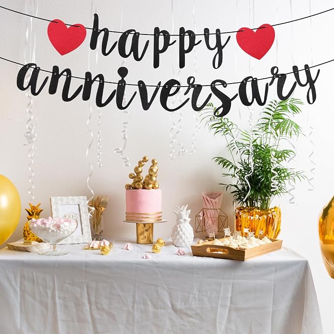 Happy Anniversary Banner, Glitter Wedding Anniversary Romantic Decorations No DIY Banners for Baby Shower Couples Birthday Party New Year(Black)