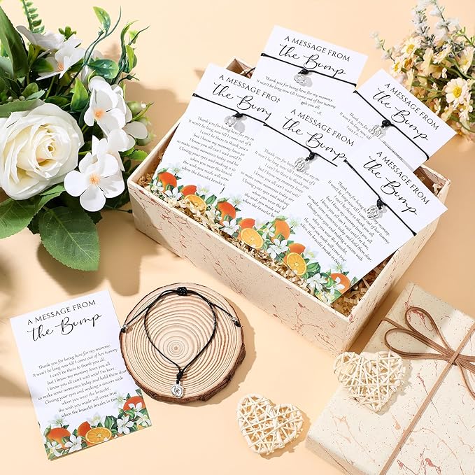 Thyle 50 Set Little Cutie Baby Shower Favors for Guests Adjustable Bracelets with Message from the Bump Card Footprints Charm Baby Shower Bracelets for Gender Reveal Thank You Gifts