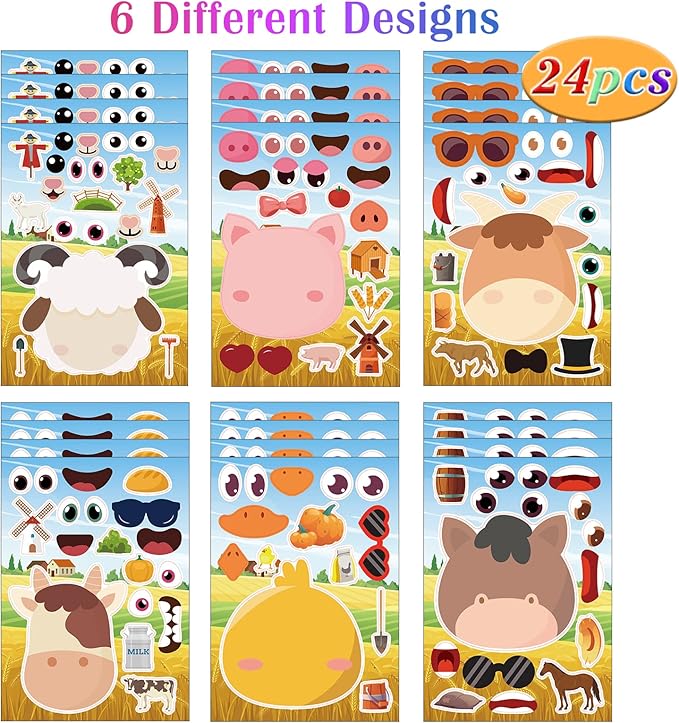 24 Sheets Farm Animal Make a Face Sticker Sheets for Kids Todders Activities, Make Your Own Stickers for Kids Birthday Party Favor Supplies Craft