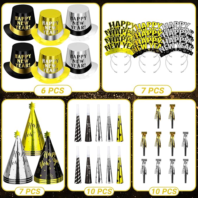 40PCS New Years Eve Party Supplies for 20 Guests, New Years Party Hats Headbands Blowouts Gold Black New Years Accessories, Tiaras Top Hat Friged NYE Noise Makers Cone Hat Horns for New Years Party