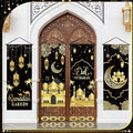 Panelee 4 Pcs Ramadan Mubarak Porch Sign Banners Black Gold Eid Mubarak Decorations Muslim Ramadan Kareem Door Banner Backdrop for Home Doorway Indoor Outdoor Wall Hanging Decor