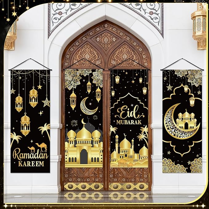 Panelee 4 Pcs Ramadan Mubarak Porch Sign Banners Black Gold Eid Mubarak Decorations Muslim Ramadan Kareem Door Banner Backdrop for Home Doorway Indoor Outdoor Wall Hanging Decor