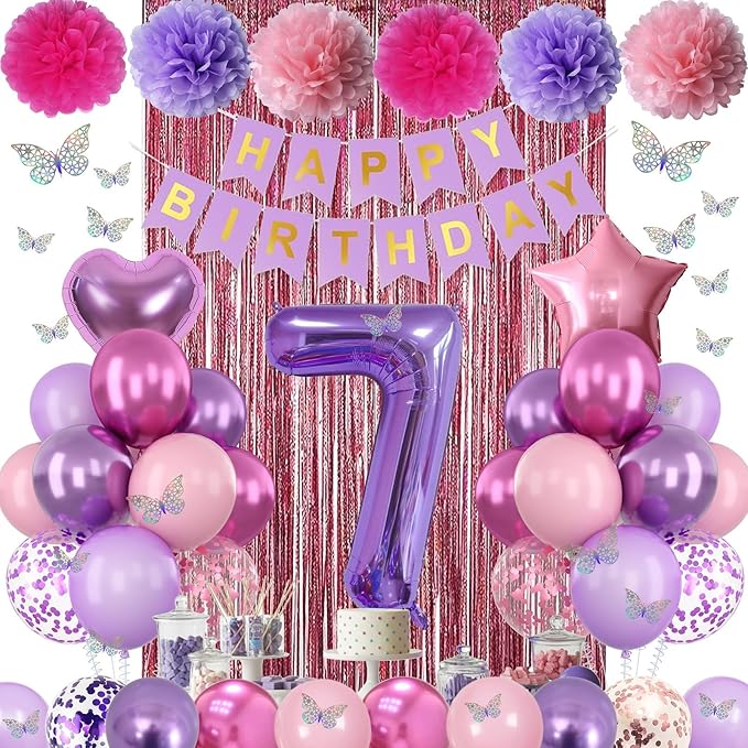 Pink Purple 7th Birthday Party Decorations for Girls Number 7 Balloon Happy Birthday Banner Butterfly Stickers Fringe Curtain Paper Pom Poms Metallic Hot Pink Star Foil Balloons 7 Year Old Princess