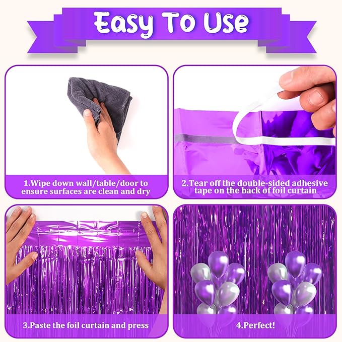 3.3 x 6.6 ft Foil Fringe Backdrop Curtains, Tinsel Streamers Party Decorations, Fringe Backdrop for Birthday, Baby Shower, Gender Reveal, Graduation (6, Purple)