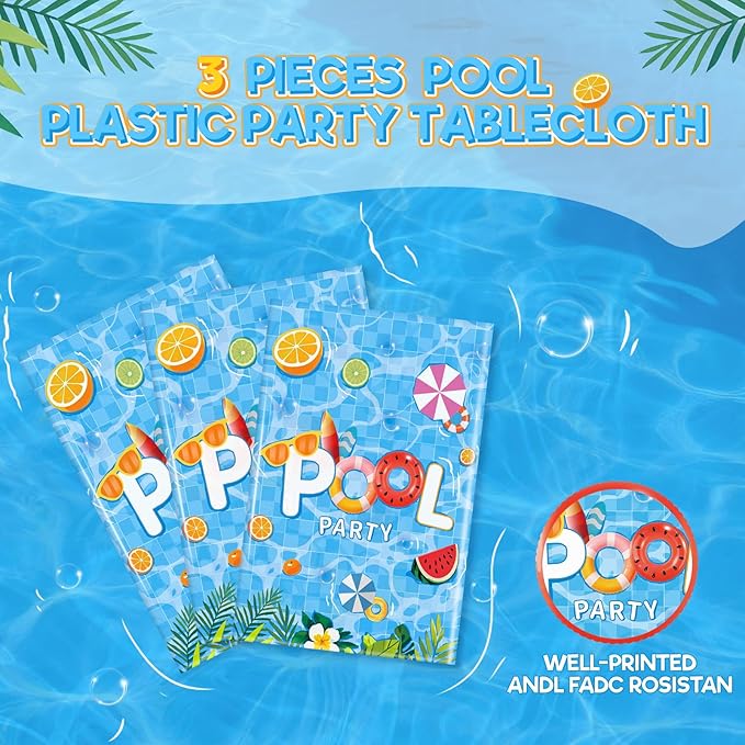 3pcs Pool Party Table Cloth Disposable, Waterproof Summer Tablecloth for Beach Swimming Pool Summer Birthday Party Dining Table Decor 54 X 108 Inch