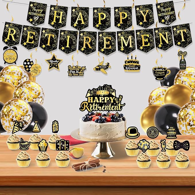 52PCS Happy Retirement Party Decorations for Men Women, Black and Gold Retirement Decorations,Happy Banners,Balloons,Cake&Cupcake Toppers Hanging Swirls,Office Yard Sign Farewell Party Supplies