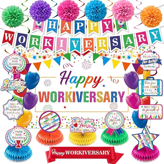 Happy Work Anniversary Decorations Colorful Happy Workiversary Banner Honeycomb Centerpieces Hanging Swirls Tissue Paper Pompoms Sash for Men Women Office Employee Worker Pastor Appreciation Supplies