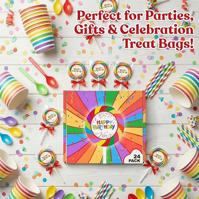 Happy Birthday Candy Lollipops - 24 Individually Wrapped Colorful Swirl Suckers - Great for Kids Goodie Bags, Bulk Birthday Party Favors