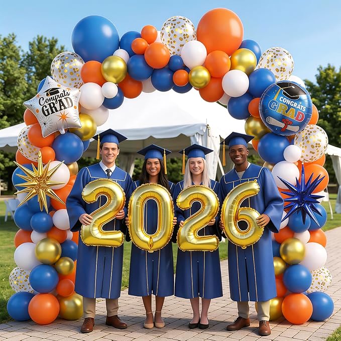 Orange Blue Gold Balloon Arch Kit, Graduation Balloons Garland, 2026 Graduation Decorations Blue and Orange Gold Balloons with Foil Star Confetti Balloon for Class of 2026 Party Decor
