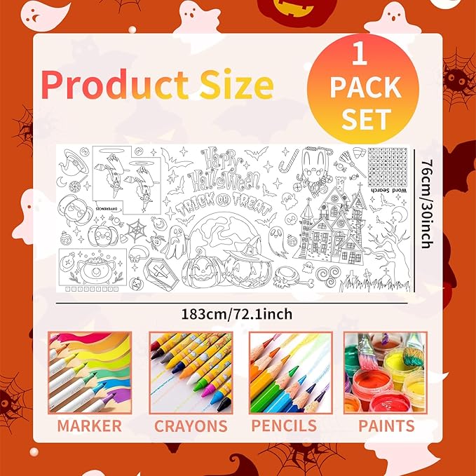 Halloween Giant Coloring Poster/Tablecloth Crafts for Kids, 30 x 72 Inches Jumbo Paper Coloring Banner Gifts for Kids Versatile Paper Table Cover, Halloween Party Decorations
