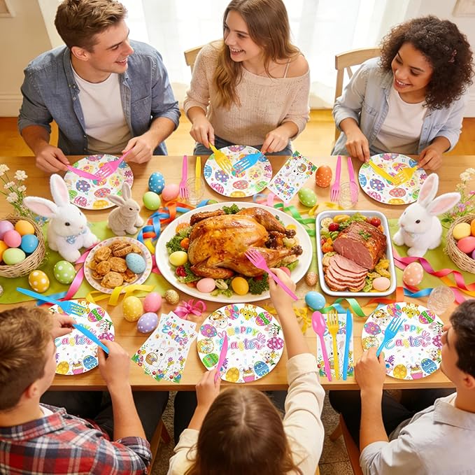 144 Pcs Disposable Easter Plates and Napkins Set-9 Inch Dinner Plates and 7 Inch Dessert Plates with Napkins and Flatware-Bunny Egg Tableware with Happy Easter-Spring Party Supplies for 24