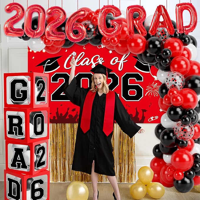 Graduation Decorations Class of 2026-123pcs Red Black Graduation Party Decorations include Balloon Boxes with Letters, Balloon Arch Kit and Backdrop for 2026 Grad Party Supplies