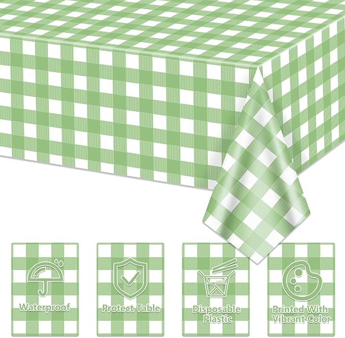 4 Pack Sage Green Gingham Tablecloths, Light Green and White Checkered Tablecloths 86.6 x 51.2 Inches Rectangular Waterproof Picnic Table Covers for Birthday Party Holiday Outdoor Supplies