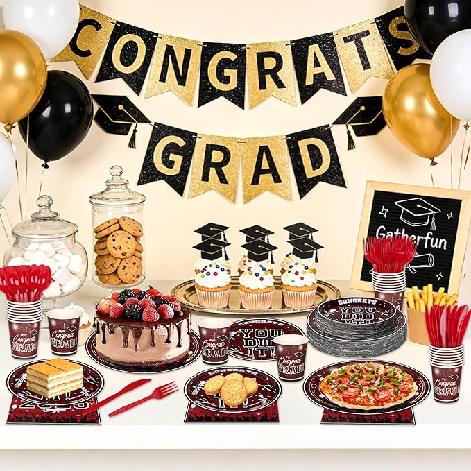 175PCS Graduation Plates and Napkins Set 2026 Graduation Party Supplies Tableware Set Include Paper Plate Napkin Cup Knife Fork Spoon for Grad Party Decor Serve25(Maroon)