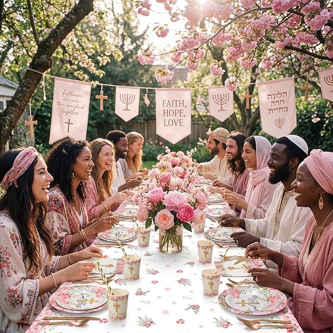 LemonRoad 452 Pcs God Bless Baptism Party Decoration for 50, Floral First Holy Communion Baptism Paper Plate Napkin Cup Tablecloth Cutlery Straw for Christening Baby Shower Party Supplies