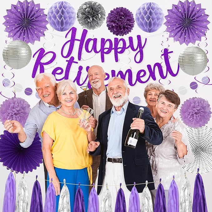 Roetyce Retirement Party Decorations Women, Purlpe Glitter Happy Retirement Banner Paper Fans Pompoms Kit, Office Retired Party Supplies for Coworker Friends, Funny Legend Has Retired Photo Backdrop