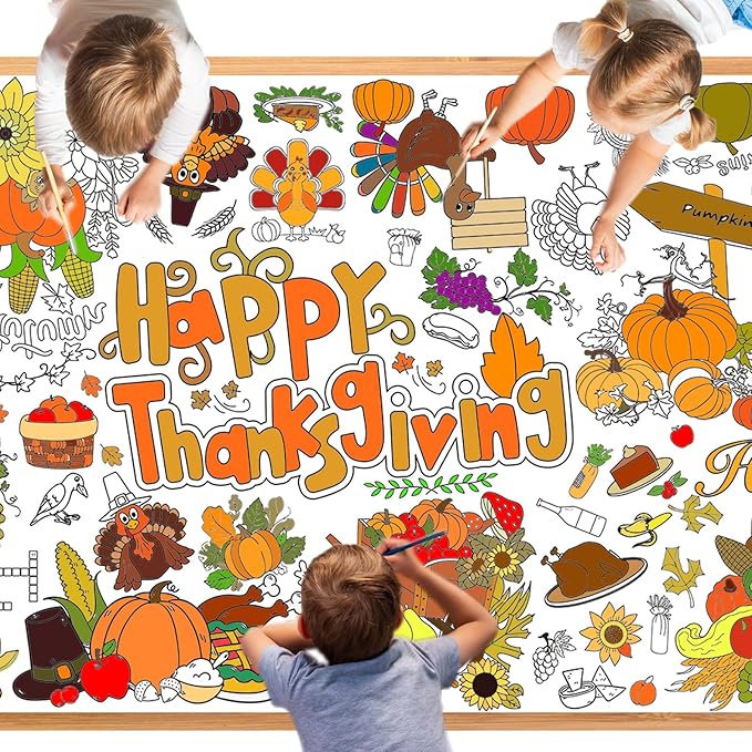 Thanksgiving Giant Coloring Poster,33.8 x 72 Inches Fall Jumbo Paper Tablecloth DIY Art Crafts Mat Turkey Pumpkin Poster Parties for Parent-Child Interaction Autumn Themed Wall Home Classroom Suppiles