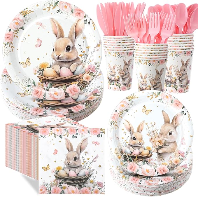400 Pcs Easter Paper Plates Napkins Cups Set for 50 Guest, Pink Floral Easter Party Supplies Decoration Spring Bunny Egg Disposable Tableware Set for Baby Shower Wedding Birthday Decoration