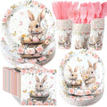 400 Pcs Easter Paper Plates Napkins Cups Set for 50 Guest, Pink Floral Easter Party Supplies Decoration Spring Bunny Egg Disposable Tableware Set for Baby Shower Wedding Birthday Decoration