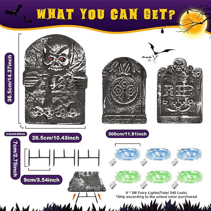 3 Pcs Halloween Tombstones Decoration with Green Lights, Blue Lights, Plastic RIP Grave Yard Signs Outdoor Garden Party Decor