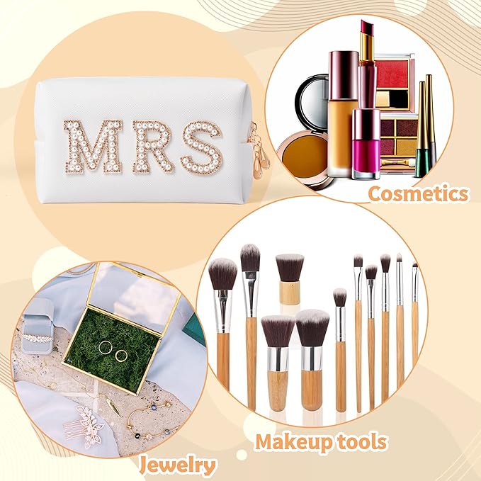 Y1tvei Gold MRS Letter Patch Cosmetic Toiletry Bag Pearl Rhinestone Varsity Letter Patches PU Leather Bride Makeup Bag Waterproof Portable Zipper Clutch Purse Travel Organizer for Women Christmas