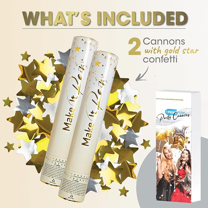 PrimePure Confetti Cannon Party Poppers - Gold Star Confetti Poppers - 2 Pack - Gold Glitter Stars Party Cannon Pop Gun for Birthday, Wedding, Graduation, Celebration, Events, Pranks