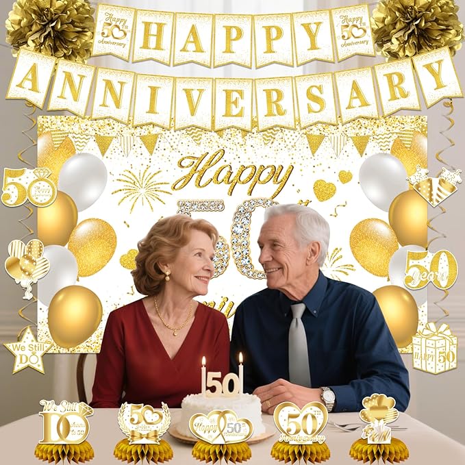 50th Anniversary Decorations, 50th Wedding Anniversary Party Supplies – White Gold Backdrop, Banner, Centerpieces, Hanging Swirls, Pom Poms for 50 Year Celebration (White Gold)