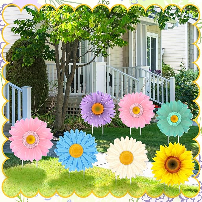 Amyhill 12 Pcs Spring Flower Yard Decoration for Outdoor Floral Daisy Garden Lawn Signs with Stakes Waterproof Hello Spring Decor for Easter Festive Holiday Party Patio Lawn Walkway Decorations