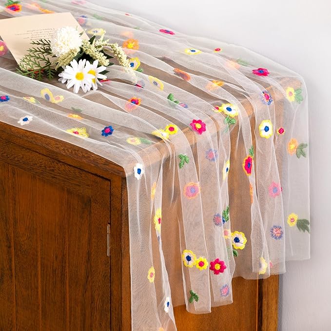 Socomi Embroidery Daisy Spring Easter Floral Wildflower Tulle Gauze CheeseclothTable Runners for Wedding Party Baby Shower Birthday Holiday Picnic Home Decor Ivory 3pcs