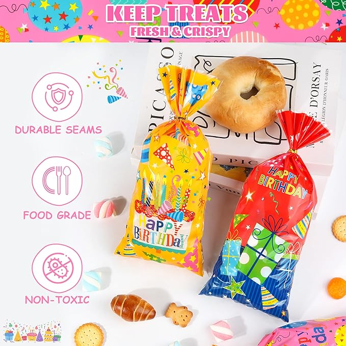 ZYLOP 50PCS Birthday Cellophane Treat Bags - Happy Birthday Goodie Bags with 60 Twist Ties for Kids BDAY Party Favors Wrapping, Packaging Candy Cookies Gifts, 4.9 x10.6 Inch, 4 Colorful Styles