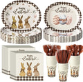 Havawish 350 Pcs Easter Bunny Party Supplies Happy Easter Disposable Tableware Set Rustic Buffalo Plaids Eggs Bunny Oval Paper Plates Cups Napkins Fork Knife Spoon for Spring Party Dinner Table Decor