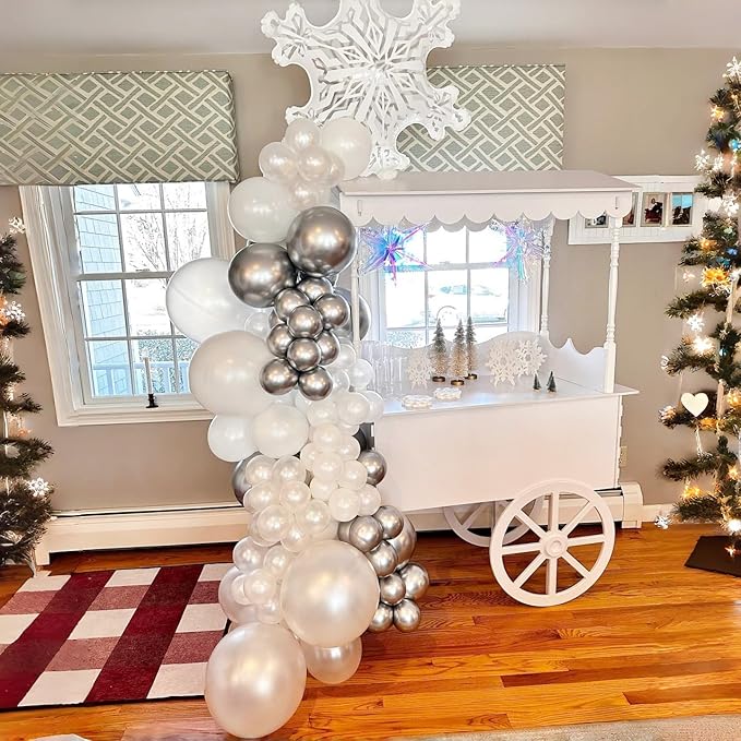 Pearl White Winter Wonderland Balloons, 12 Inch Pearl Sand White and Metallic Silver Snowflakes Balloons for Ice Snow Wonderland Wedding Baby Shower Birthday Christmas New Year’s Party Decorations