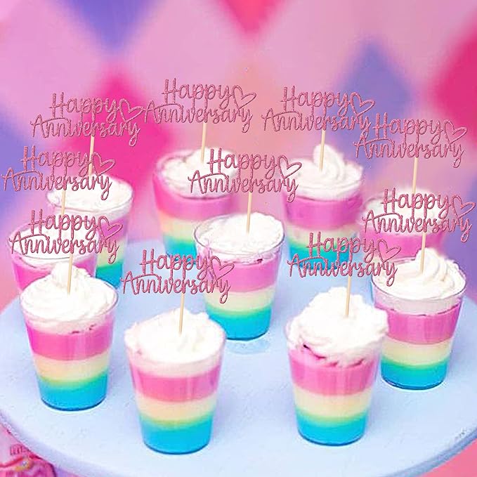24 PCS Happy Anniversary Cupcake Toppers Glitter Wedding Anniversary Cupcake Picks Anniversary Theme Cupcake Decorations Baby Shower Birthday Wedding Anniversary Party Cake Decorations Supplies Pink