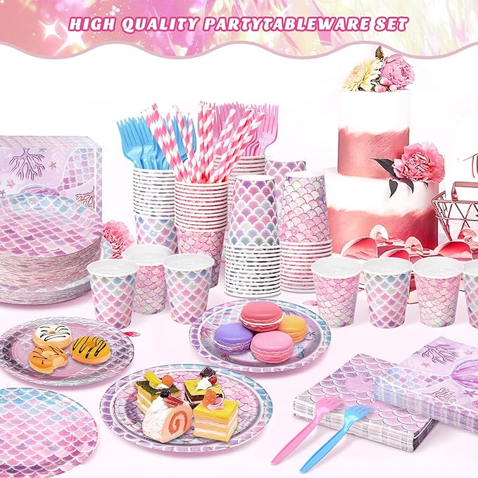 300Pcs Mermaid Plates and Napkins Tableware Sets (Serve 50), Mermaid Party Supplies (Blending 2 Designs ), Including Plates Napkins Cups Straws and Forks, Party Decorations