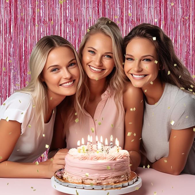 2 Pack Foil Fringe Backdrop - Laser Pink Shiny Tinsel Curtains for Party Decoration/Photo Booth Props - 3.3x6.6 FT Metallic Foil Backdrop for Birthday, Wedding, Graduation, Christmas.
