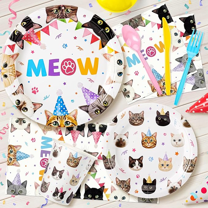 Cats Happy Birthday Party Plates Set, 168PCS Cats Themed Paper Plates Napkins Cups and Colorful Cutlery Set, 24 Set Cat Disposable Tableware Set for Birthday Party Supplies