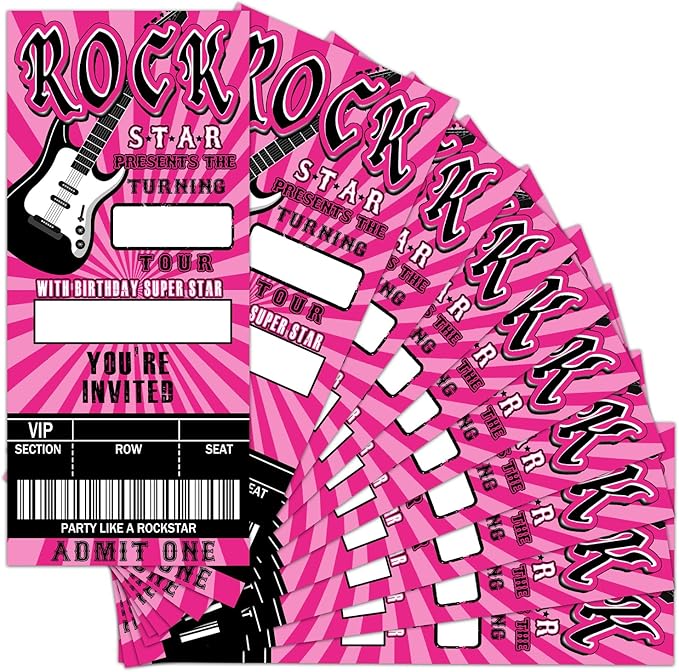 Rockstar Birthday Invitation Ticket, Rock Star Birthday Invitation for Teen Adult, 20 Pop Star Ticket With Envelopes, 3.5 x 8" Double-Sided Fill In Birthday Party Personalized Invites Cards - Pink