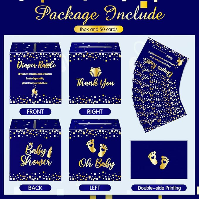 Funrous 51 Diaper Raffle Tickets with Box for Baby Shower Game Invitations Diaper Raffle Card for Gender Reveal Baby Shower Party Decoration Table Centerpiece(Navy, Gold)