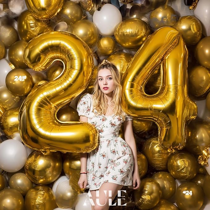 AULE 40 Inch Large 24 Number Balloons Gold, Big Foil Number Balloons, Giant Helium Happy 24th Birthday Party Decorations for Man and Women, Huge Mylar 42 Anniversary Party Supplies